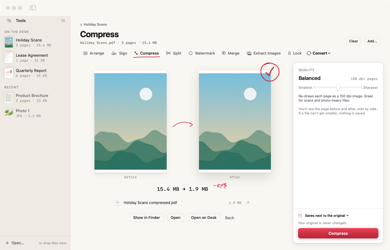 Compress: a scanned PDF before and after, 15.4 MB down to 1.9 MB
