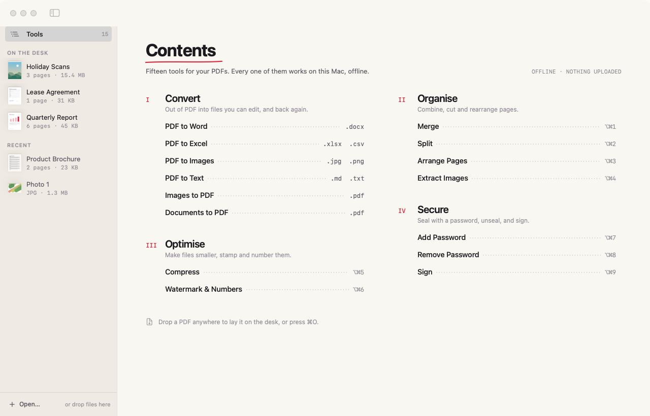 Folio’s Contents page: fifteen tools in four chapters, with three PDFs on the desk