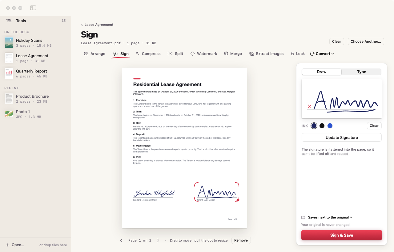 Signing a lease: a drawn signature placed on the tenant’s line