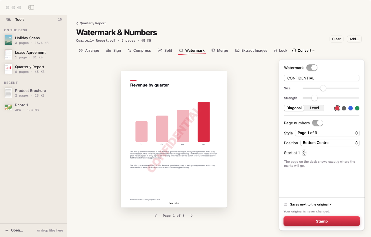 Watermark and Numbers: a diagonal CONFIDENTIAL stamp and a page number previewed on the page
